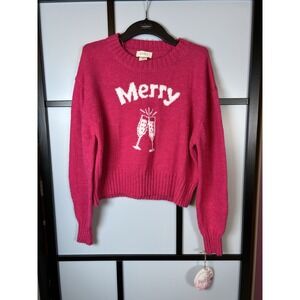 KAISLEY Merry Cheers‎ Crop Sweater  Womens Sz M PINK RASPBERRY Christmas